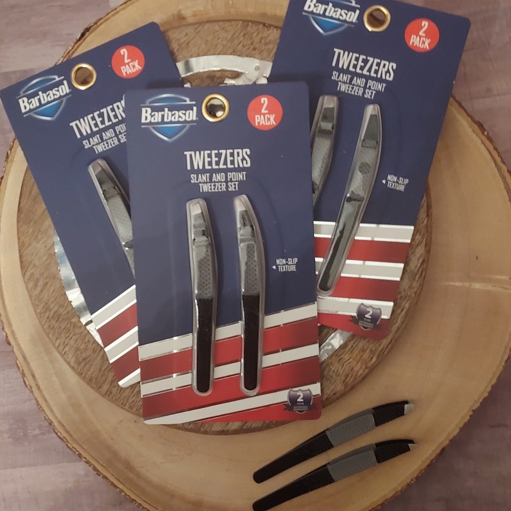 BARBASOL Lot of 2 Slant and Point Tweezer Set, Stainless Steel, Non-Slip Texture